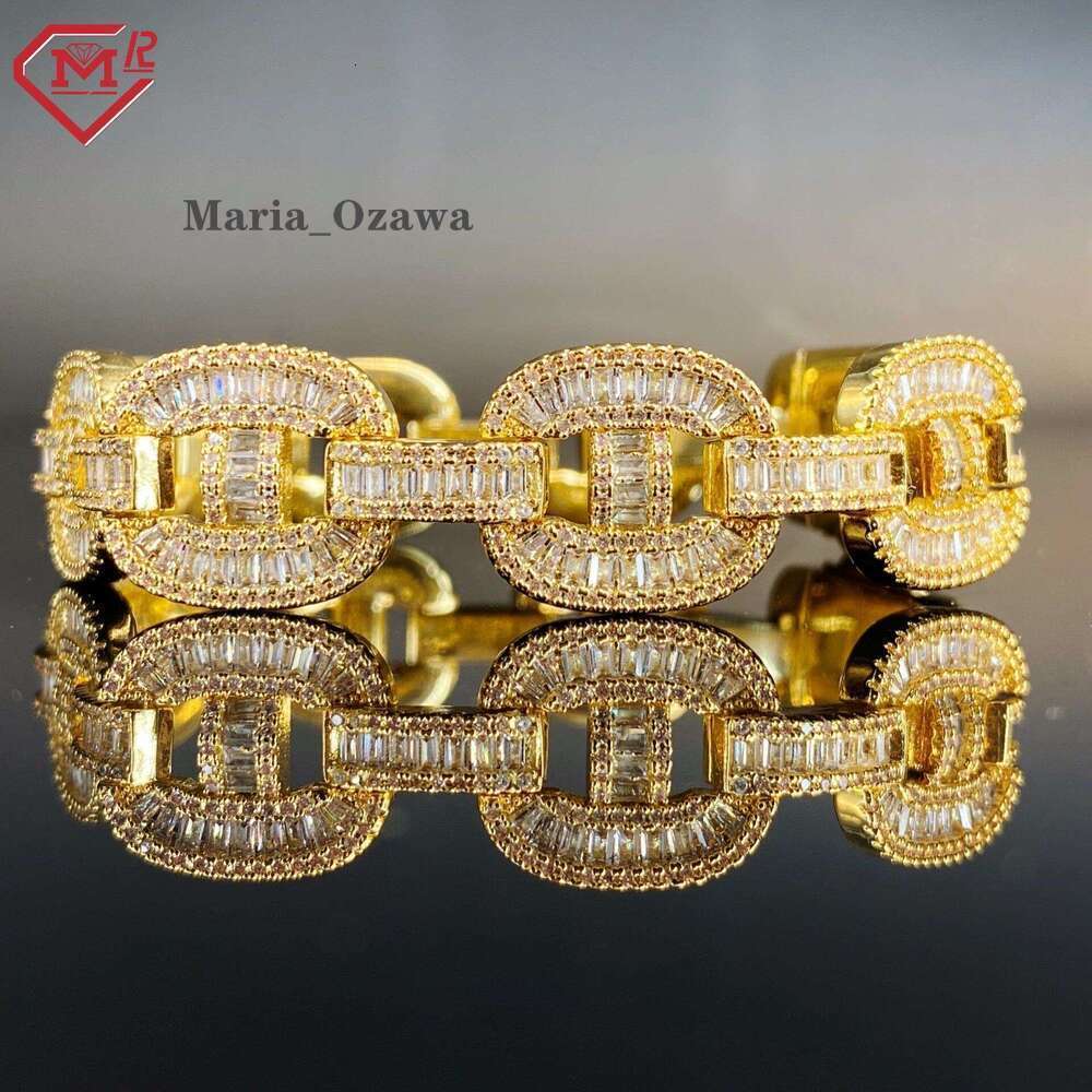 Hiphop 15Mm Gold Plated Sier Baguette Bracelet Necklace Set Miami Vvs Moissanite Cuban Link Chain