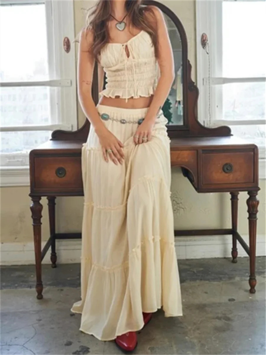 Womens Going Out Maxi Skirts Set Low Cut Lace Decoration Cami Top Crop Top High Waist Body Maxi Skirt 2PCS Set 250321
