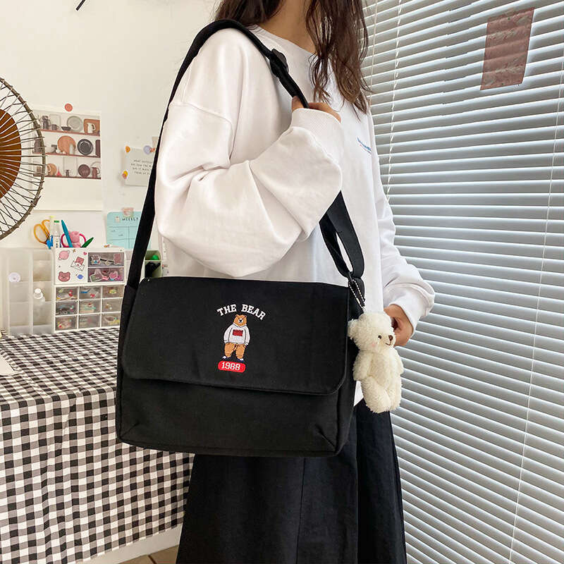 Ulzzang Academy Style Antique and Cute Cartoon Embroidery Bear Student Canvas One Shoulder Crossbody Bag Girl