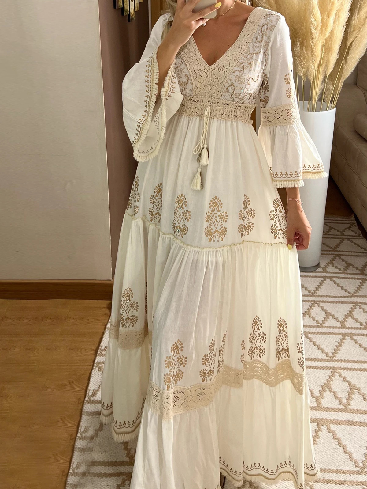 Women Fall Casual Long Dress Floral Print Lace V-Neck Long Sleeve Dress Fashion Holiday Maxi Dress Elegant Classics Versatility 250326