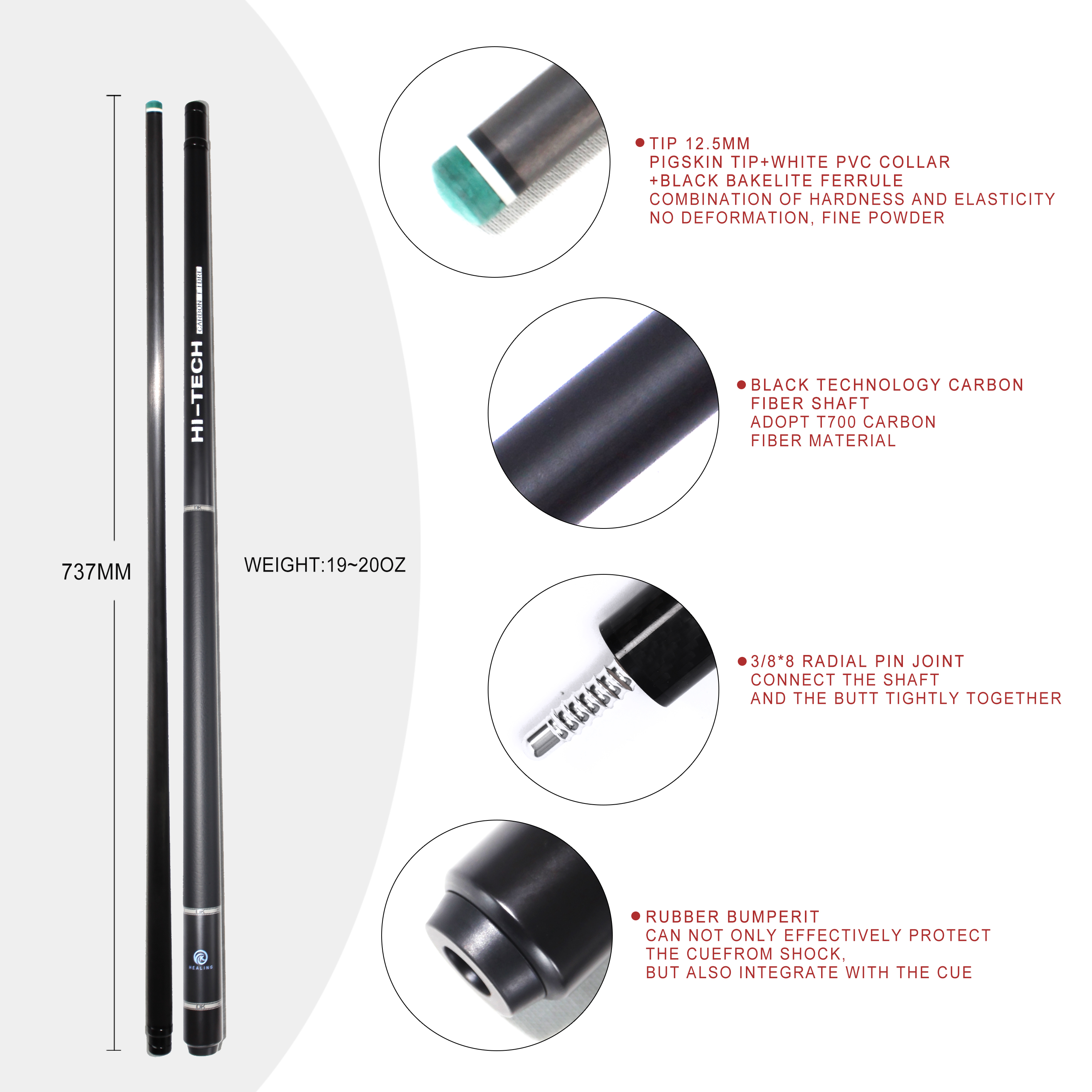 Professional Billiards Rod New Black Technology Carbon Fiber Billiards Rod 12.4mm Strike Rod 1474mm 8-Tooth UV Printed Grip Sealing Series Pool Cue