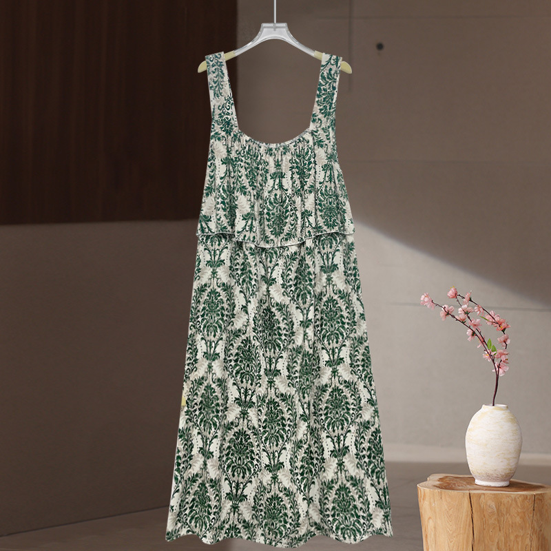 L163 New Summer Cotton Silk Nightdress Women's Sling Anti-Bump Loose Thin Artificial Cotton Small Floral Large Size Dress