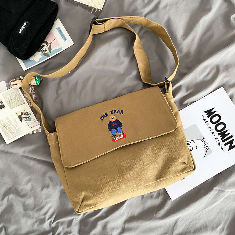Ulzzang Academy Style Antique and Cute Cartoon Embroidery Bear Student Canvas One Shoulder Crossbody Bag Girl