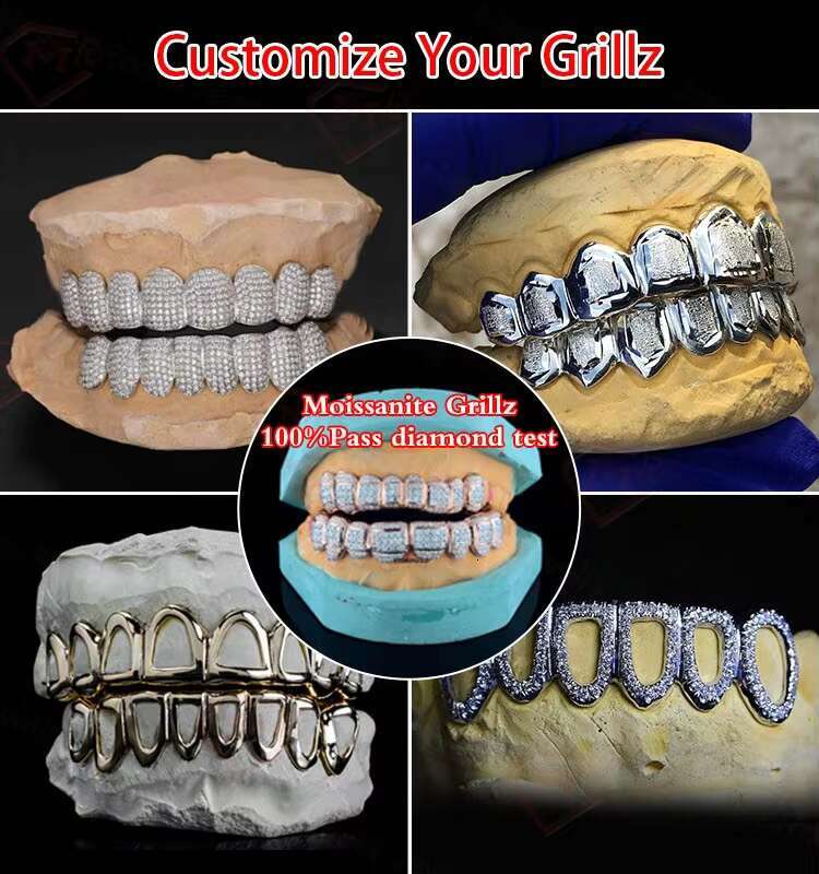 Hip Hop Custom Teeth Moissanite Silver Grillz 10 Top 10 Bottom Iced Out Vvs Diamond Moissanite Grillz