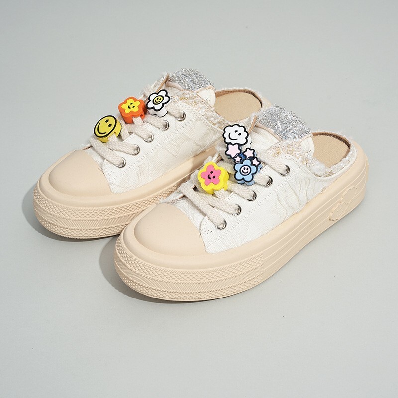 Designer Shoes 2025 Summer New Women's Flower Canvas Shoes Thick Soled Height Increasing Baotou Inlaid Diamond Cloud Smiling Face Women's Ha