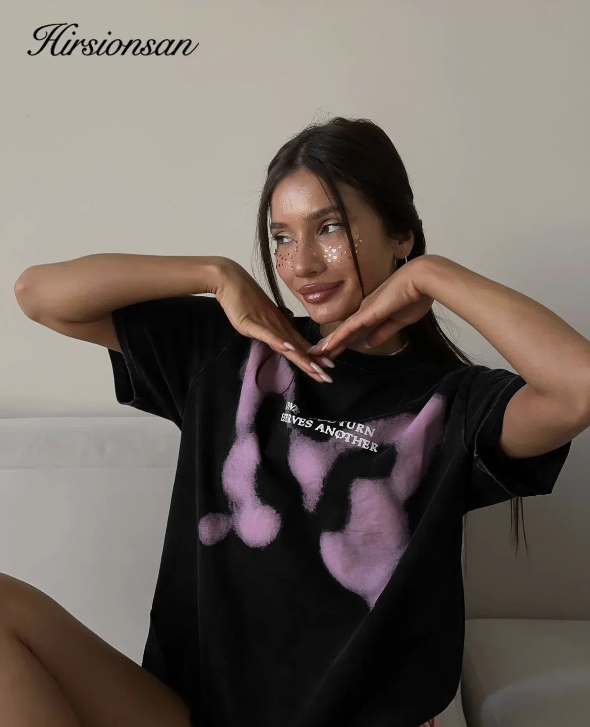 Hirsionsan Acid Washed T Shirt Women Vintage Cotton T-shirts Streetwear Soft Mineral Tees Loose Pink Bow Graphic Tops Y2k 250321
