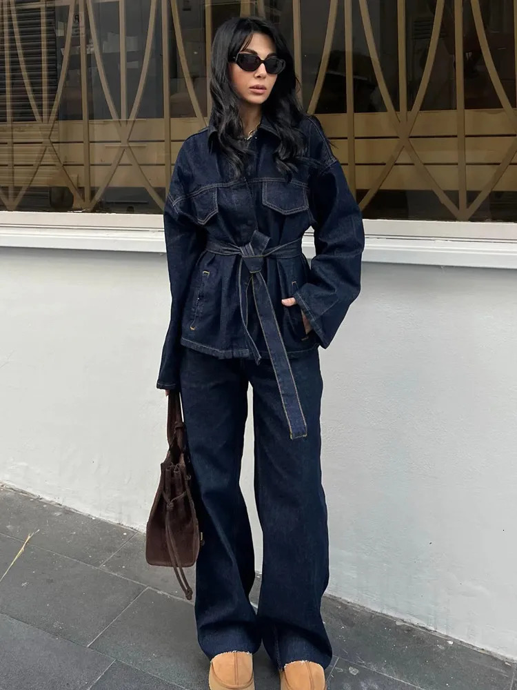 RARA 2025 Women's Long Sleeve Denim Belted Jacket Paired with Matching Wide Leg Pants Fashion Set for Stylish Look 250325
