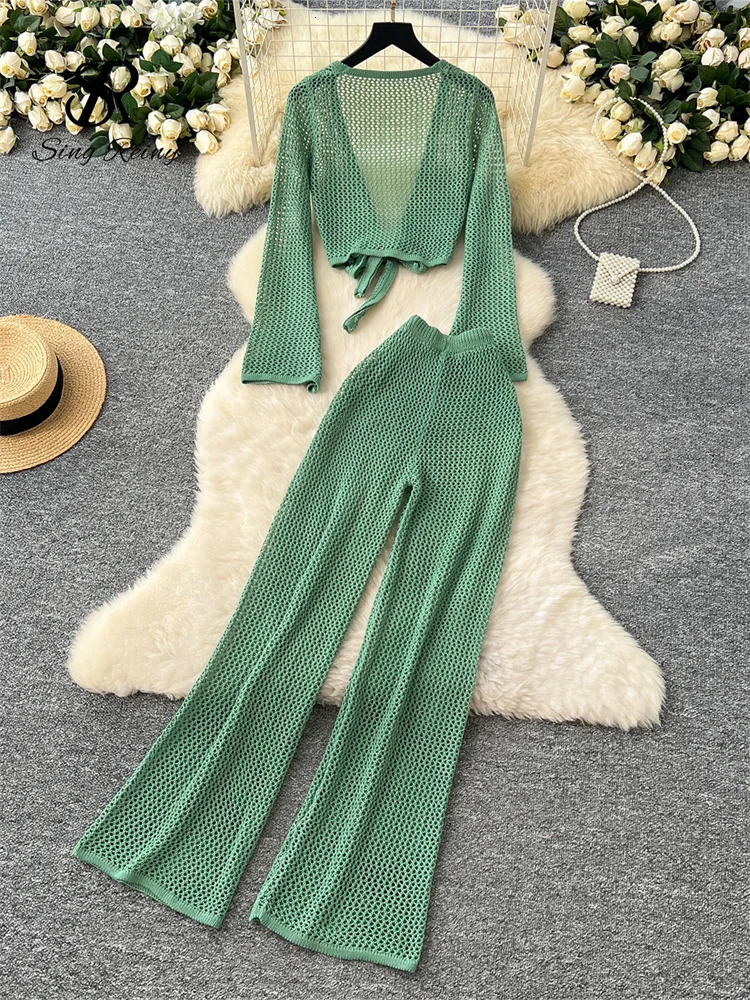 SINGREINY 2025 Summer Hollow Out Beach Sets Women Lace Up Short CardigansElastic Wide Legs Long Pants Bohemian Two Pieces Suits 250324