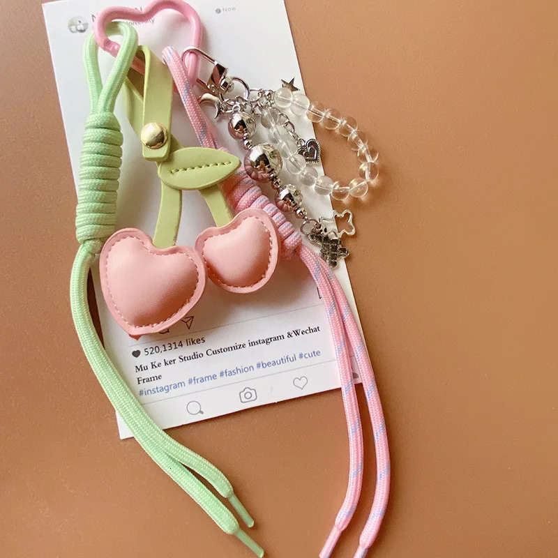 Pink Leather Cherry Braided Rope Backpack Keychain Fashion Acrylic Beaded Handbag Spring Lanyard Pendant Women Ornament Keyring 250325