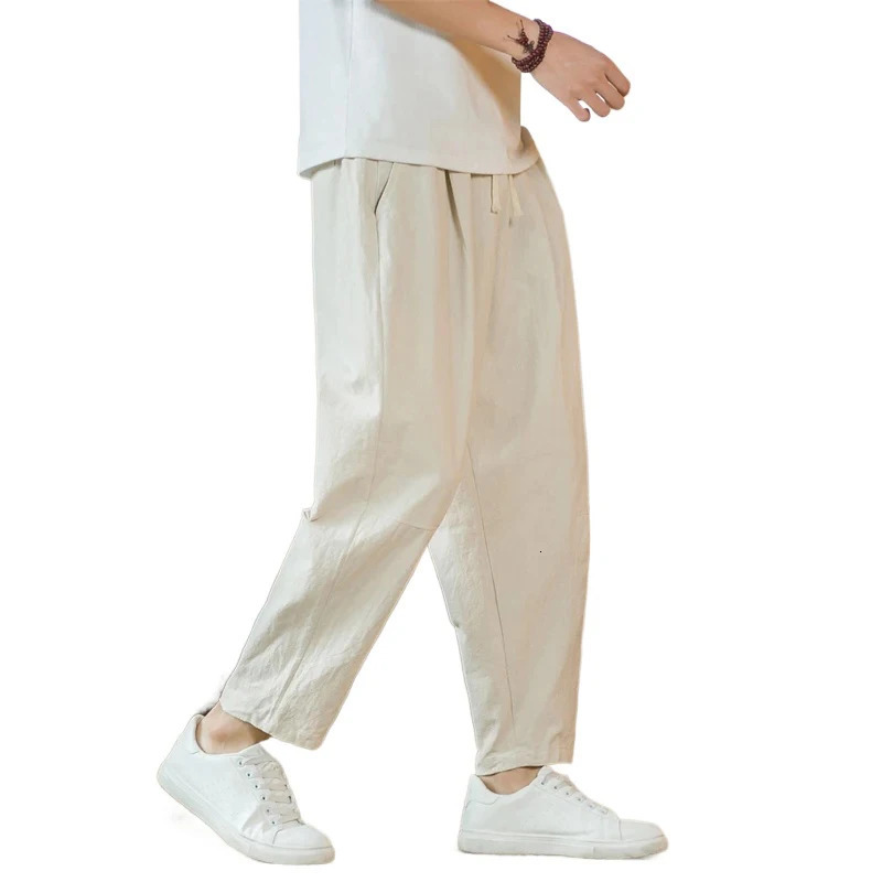 cotton linen mens casual solid color breathable street clothing loose straight pull bag lightweight sports pants 250326