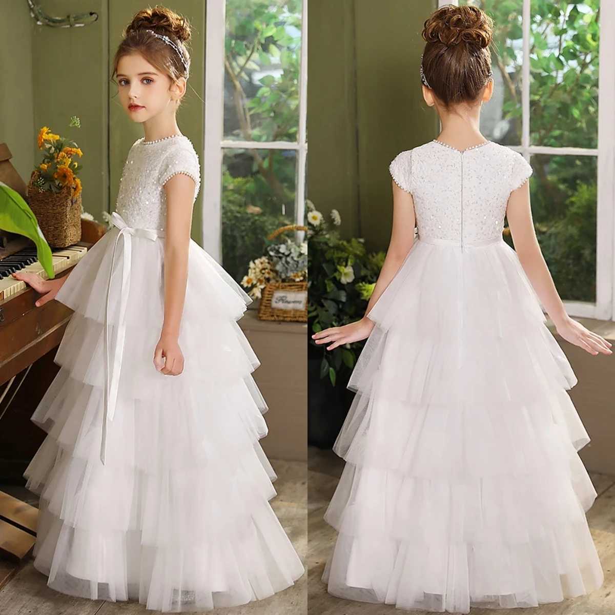 Elegant white flower girl dress sheer and fluffy communication dress online bridal dress girls birthday gift customized wedding dress W250326