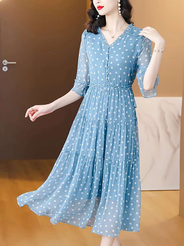 Blue Elegant Ploka Dot Flare Sleeve Ruffled Women Fashion Bodycon Casual Home Dress 2024 Korean Chic Evening Vestidos