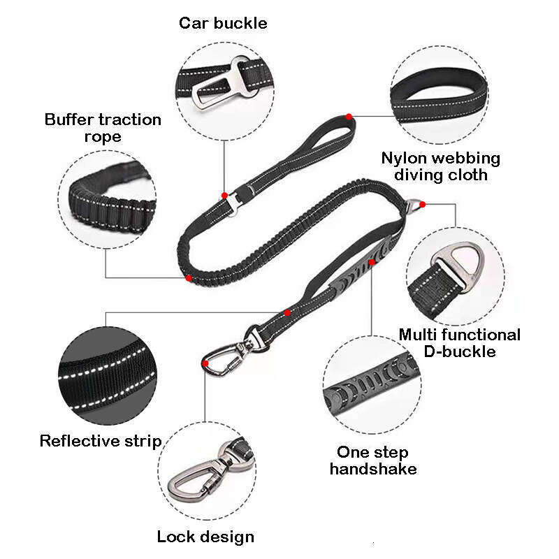 Reflective Dog Leash with 2 Padded Handle Dog Walking Training Shock Absorbing Bungee Leash With Car Seat Belt Buckle for Small Medium Large