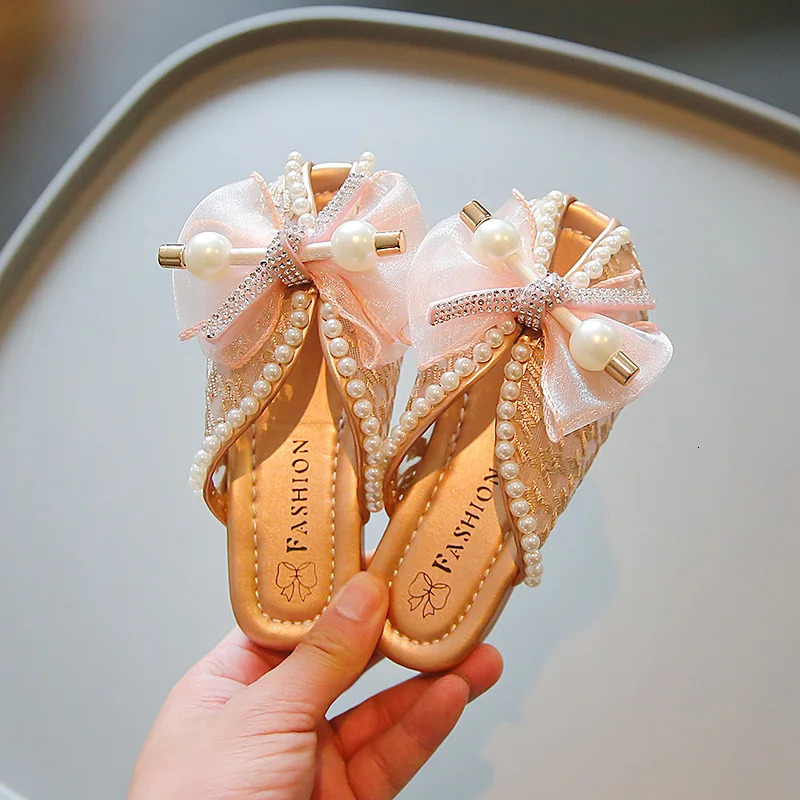 2025 Girls Princess Sandals Summer Rhinestone Children Causal Shoes Chic Lace Kids Beach Sandals Open-toe Thick Soled 250326