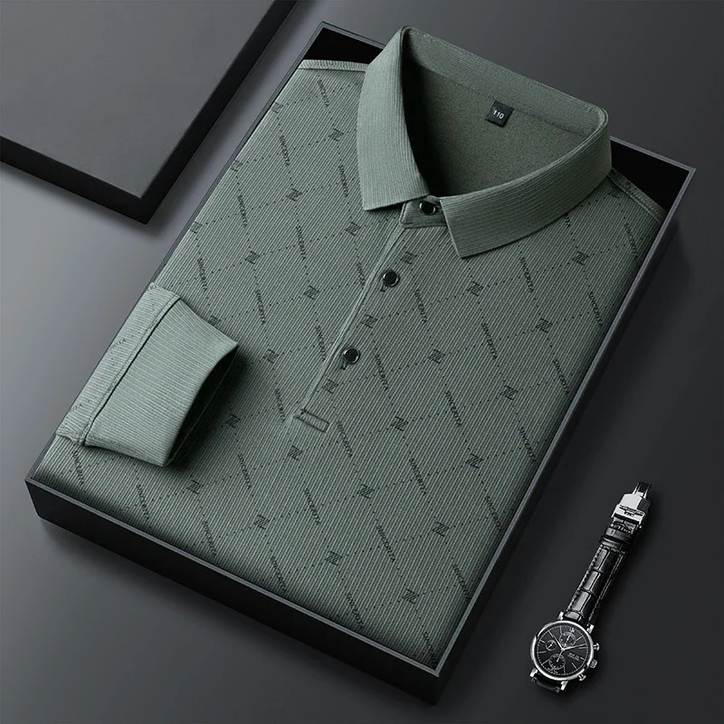 mens business casual long sleeved shirt with badge solid color polo fashionable breathable and comfortable lapel top 250326