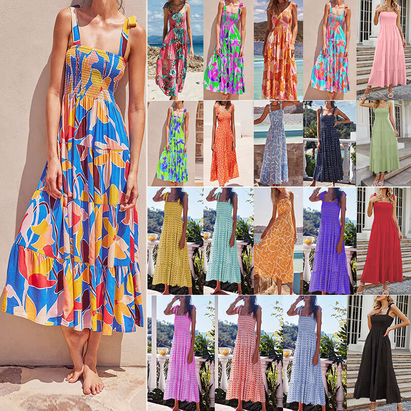 Womens white dress Vestidos De Noche casual dresses for women Dress 2025 Summer Womens New Commuter Sleeveless Hot Girl Printed Long Strap Dress Women