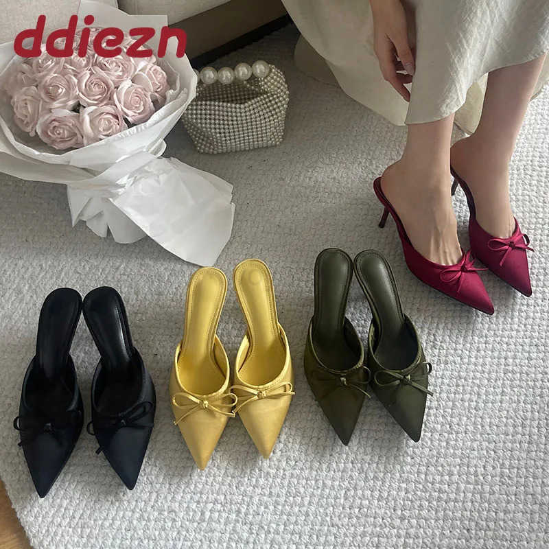 Big Size 43 Fashion Silk Ladies Thin H Pumps Shoes Footwear -Knot Wen Stiletto H Mes Shoes Fem Slides Z250326