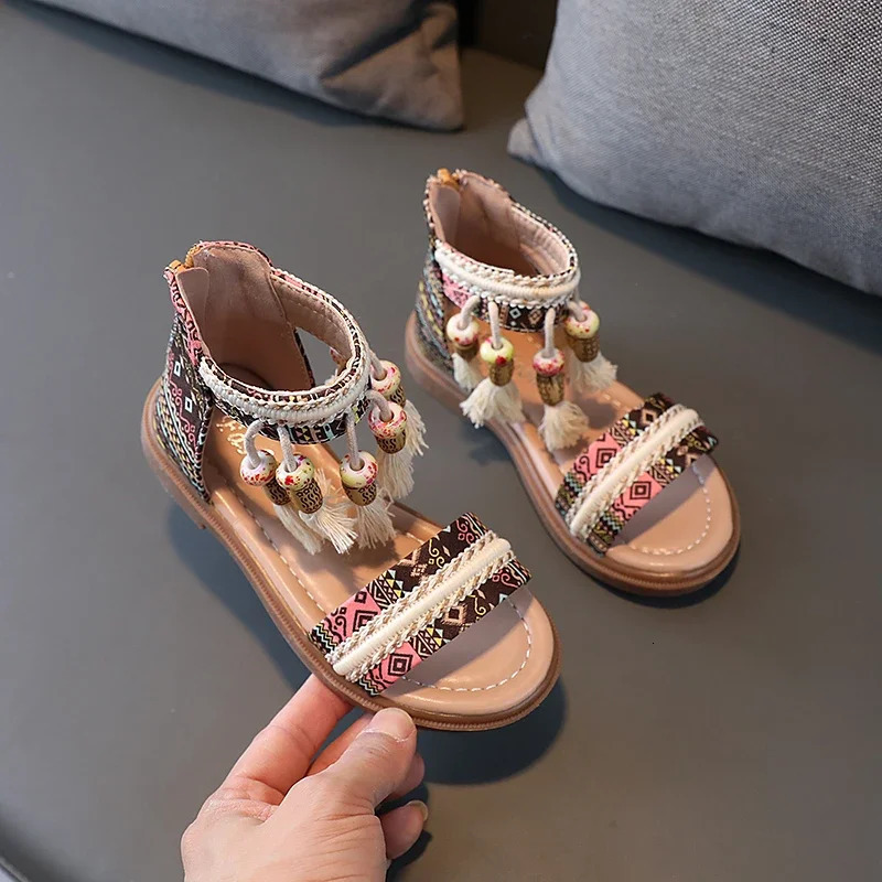 Girls Gladiator Sandals Princess Sweet Kids Beach Shoes Kids Summer Retro Ethnic Traditional Sandals with Tassels Soft Back Zip 250326