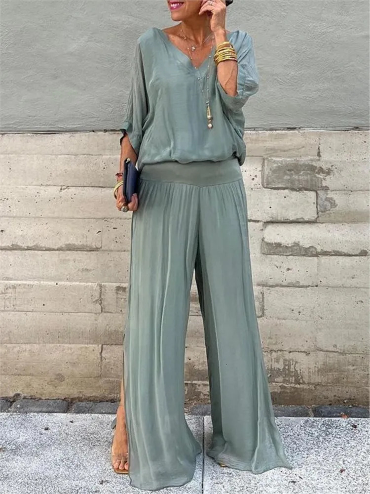 Womens sexy V-neck short sleeved top wide leg pants set summer chiffon casual set casual loose street two-piece set 250321