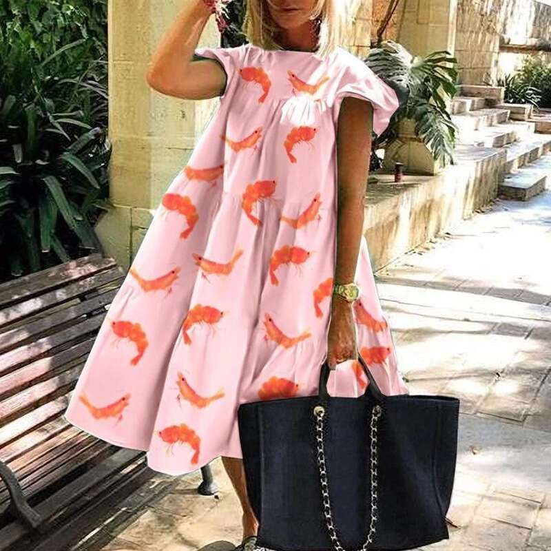 Vestidos De Noche white dress Womens Summer clothing ladies Oversized Dresses Round Necks Fresh and Sweet Digital Prints Casual Large Hem Womens Cloth