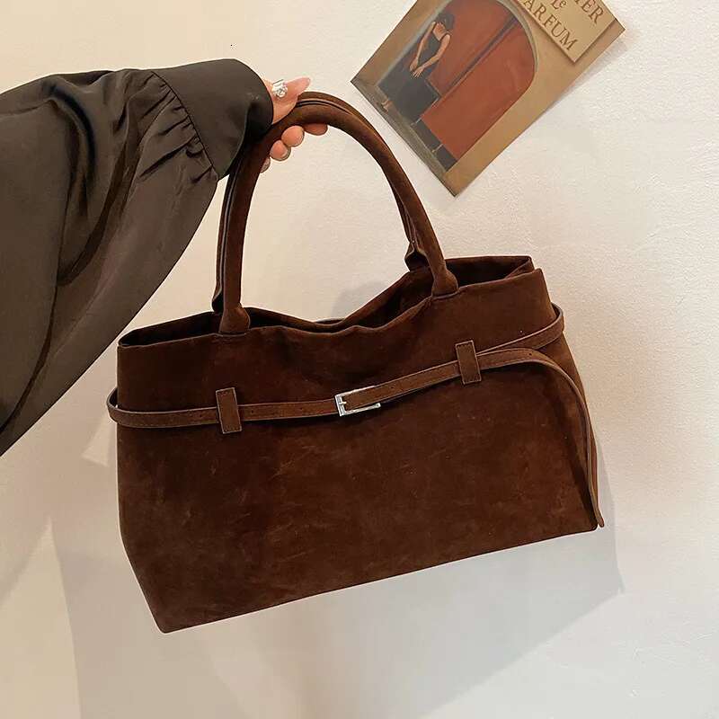 Faux Suede Brown Vintage Handbag Belt Buckle Elegant Ladies High Capacity Casual Tote Bag Top-Handle Commuter Bags For Women