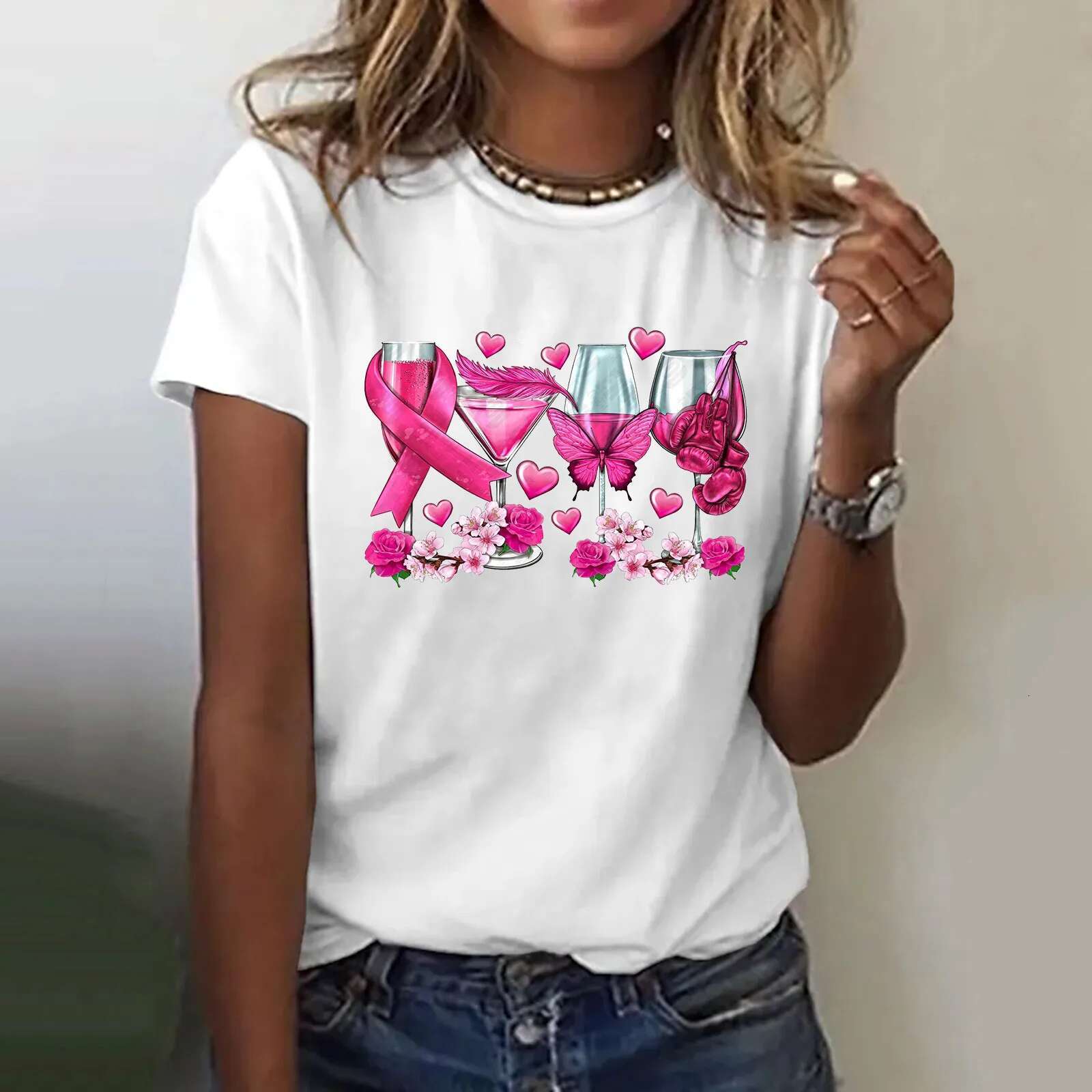 Ddmyshoesvip Breast Cancer Awareness Women T Shirt Cup Butterfly Ribbon Print Short Sleeve T Shirt Pink October Graphic Tees Tops