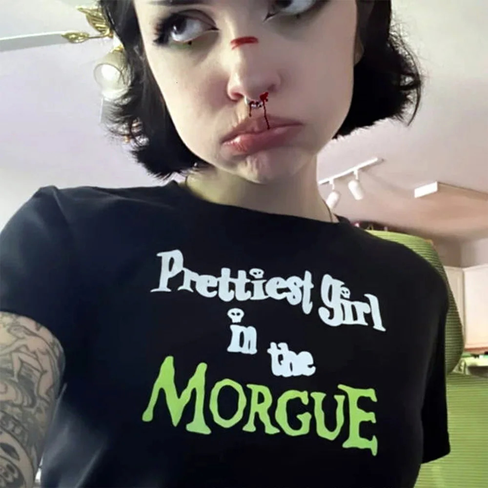 Prettiest in The Morgue Black Tees Summer Slim Cotton Sexy Crop Tops for Women Street Fashion Grunge Y2K T Shirts 250321