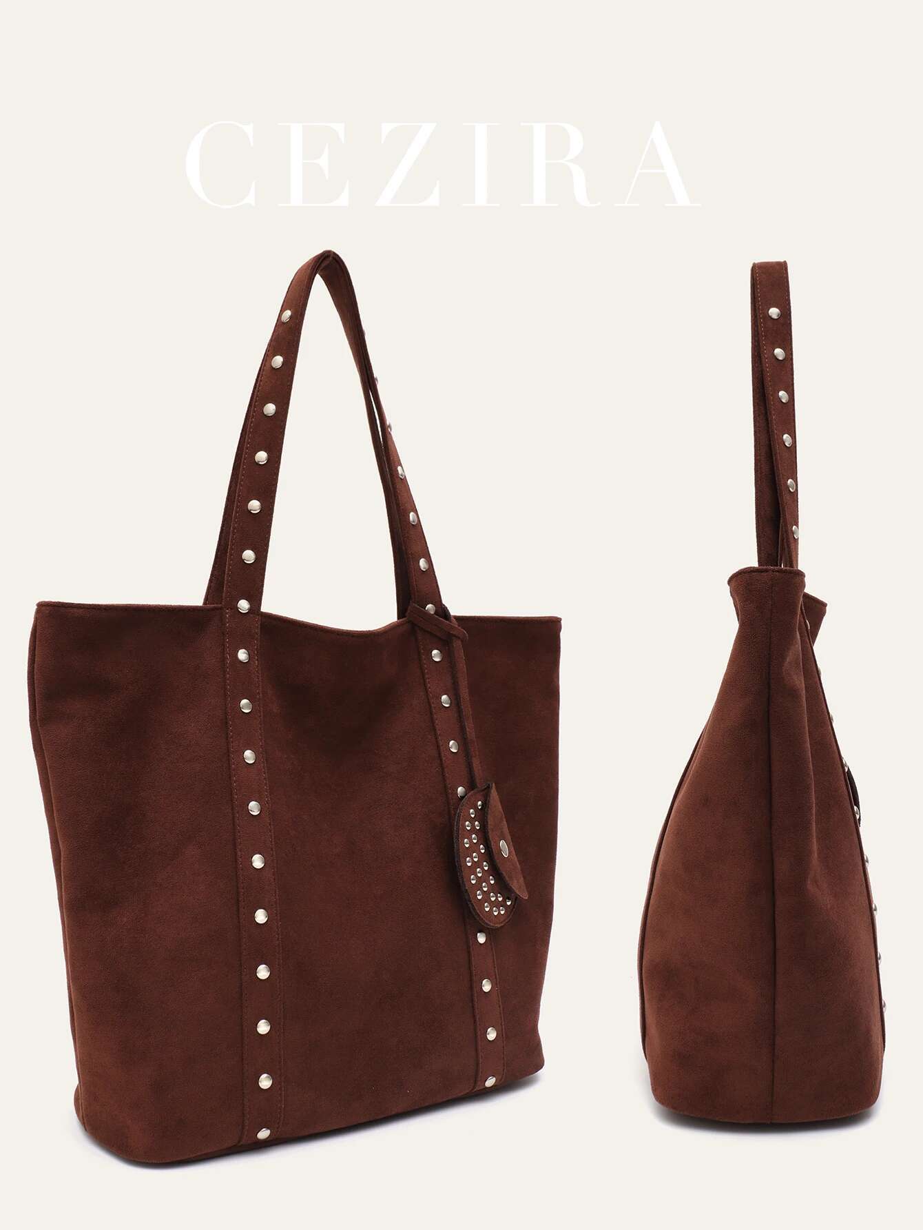 CR Brand Women's Fashion Faux Suede Fabric Tote Rivets Decor Large Shoulder Handbag Hanging With A Small Coin Purse Daily