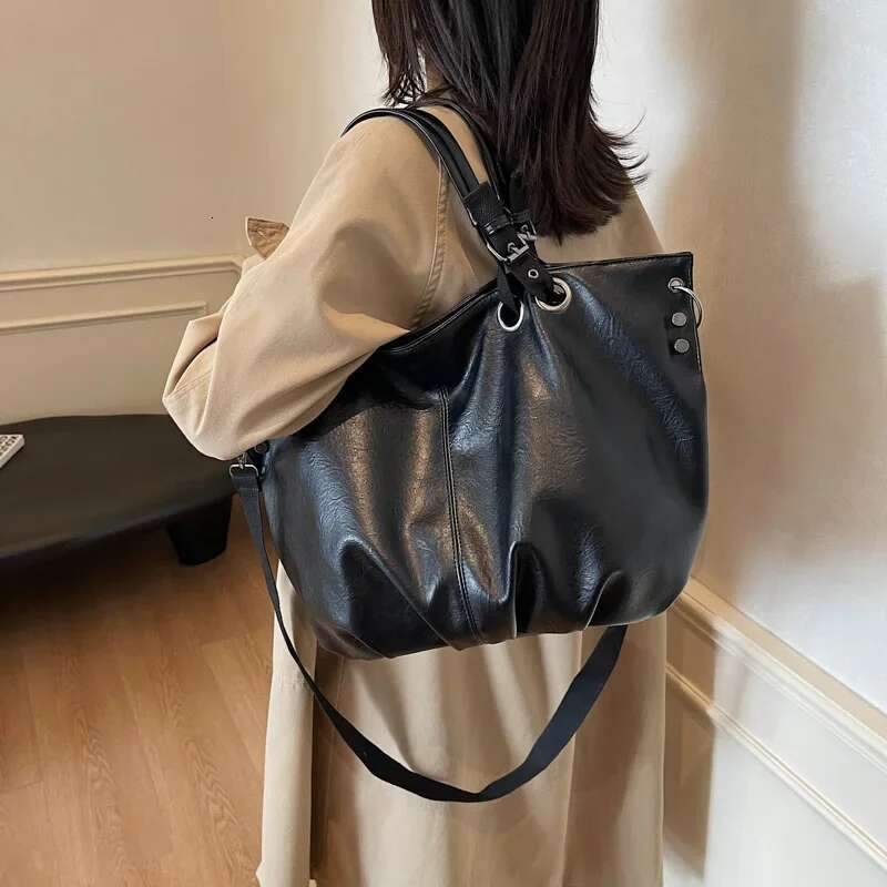 LEFTSIDE Women Korean Fashion Large PU Leather Handbags And Purses Vintage 2024 Winter New Trend Y2k Tote Lady Shoulder Bag