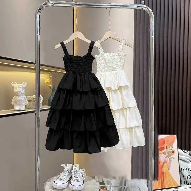New summer teenage girls sling dress cotton pleated waist sleeveless childrens girls cake dress solid Versatile childrens girls dress W250326