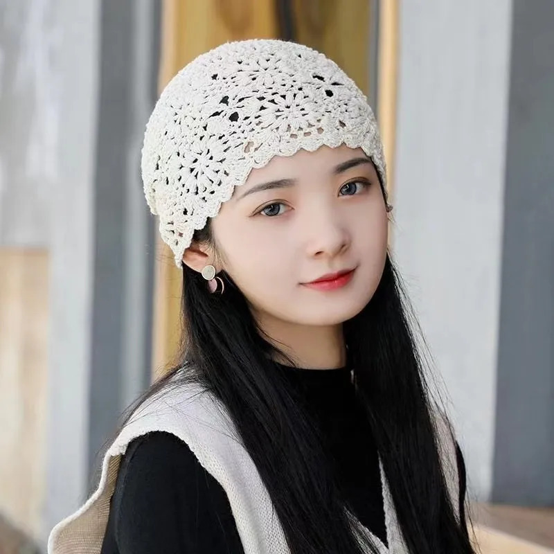 Spring Summer Thin Handmade Female Crochet Hat Hook Flower Knitted Hollow Breathable Ladies Cap Women Beanies 250321