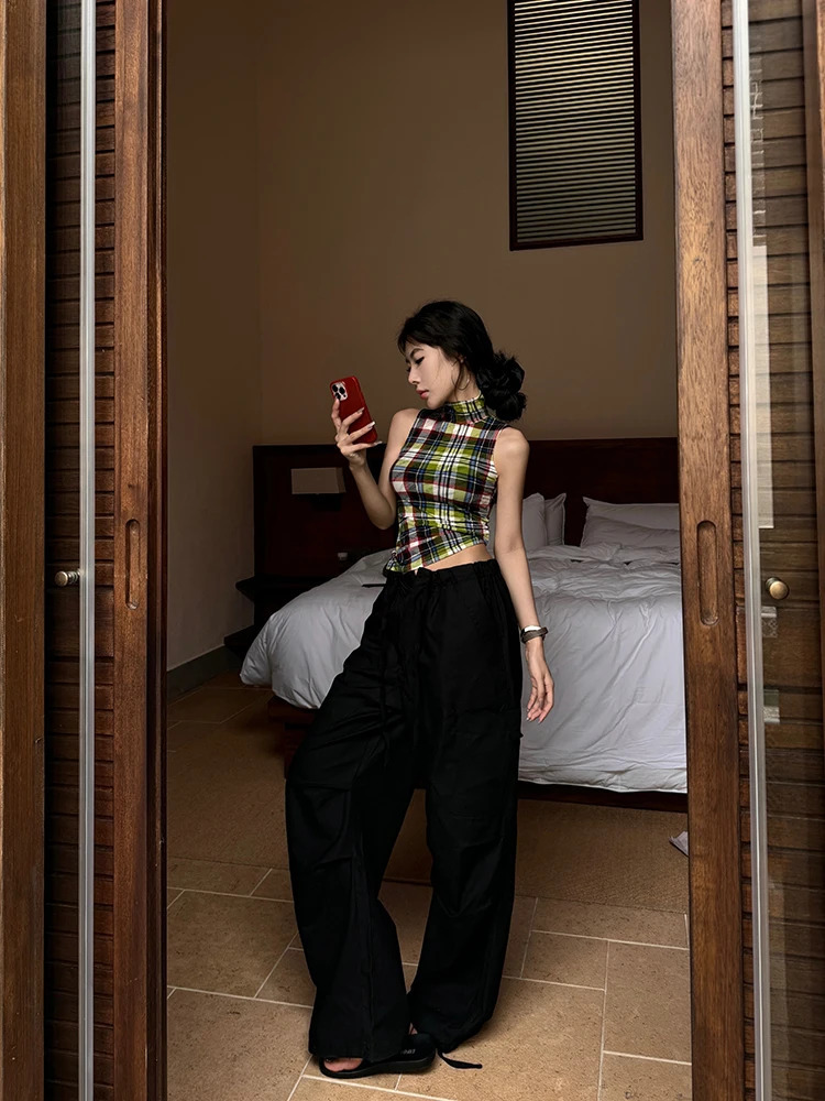 Tonngirls Vintage Tank Tops Plaid Sleeveless Skinny American Retro Crop Tops Grunge Y2k Tank Tops Streetwear Summer Classical 250321