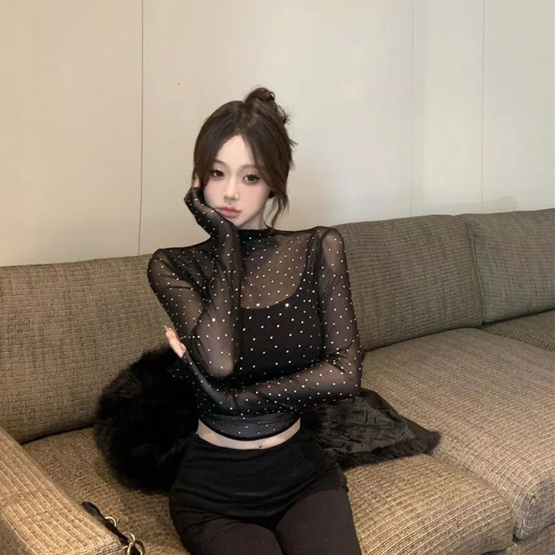 Xpqbb Fashion s Lace Tshirt Women Black Sexy See Through Mesh Crop Top Female Long Sleeve Beach Party Club Tees Tops 250317