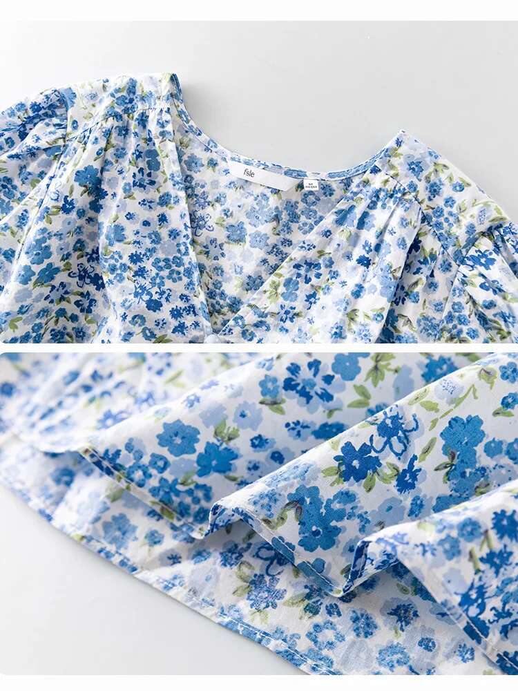 FSLE Blue Romantic ral Dress Women Elegant Vintage High Waist V-neck Puff Sleeve Summer Printing Female Cotton Long Skirts