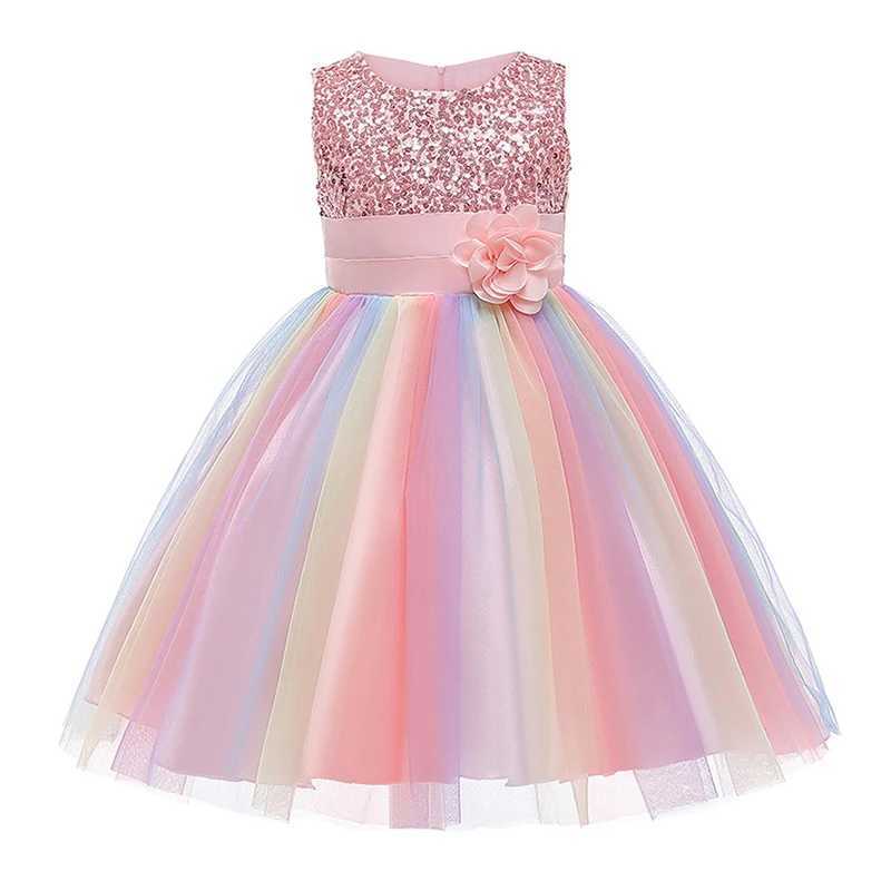 2025 sequin girl dress summer floral fashion rainbow net little princess dress piano performance costume childrens clothing W250326