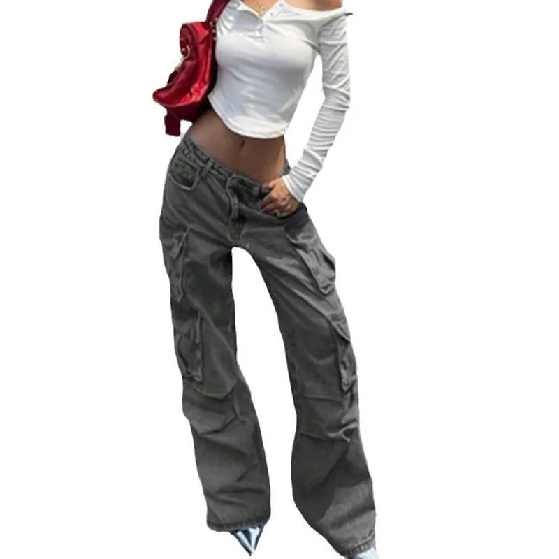 European and American retro style womens jeans loose fit slim fit high waist slimming straight leg pants work pants pocket pants 250321