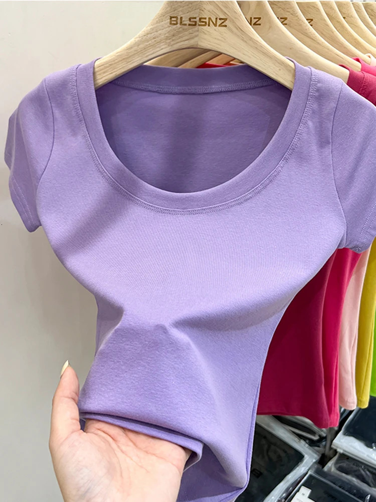 sexy square neckline ultra-thin T-shirt for womens cotton elastic basic solid womens casual top short sleeved ultra-thin T-shirt 250321