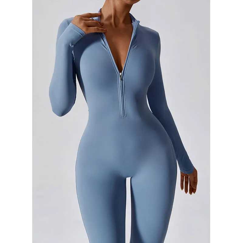 Womens jumpsuit zipper long sleeved yoga set gym push up workout clothes tight fitting fitness training clothes W250326