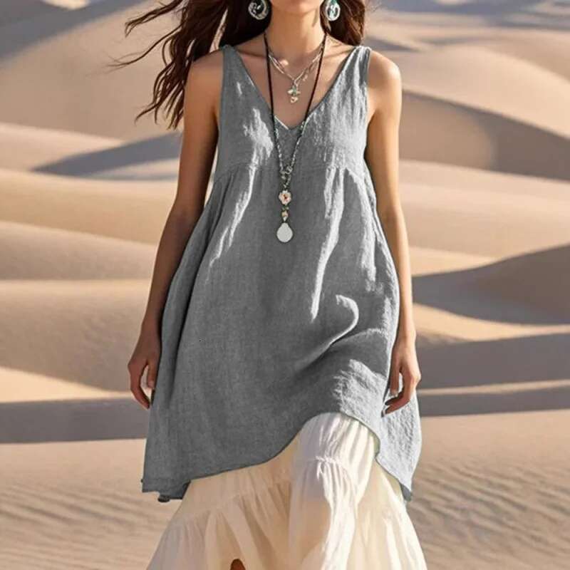 Dongdumaoyi Zomer Nieuwe Vrouwen Casual Losse Mode Mouwloze Linnen Effen Kleur V Hals Strand Jurk A