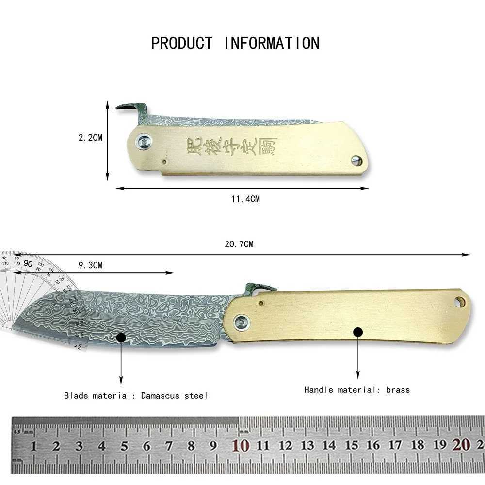 Japanese Higonokami Pocket Folding Knife Damascus Steel Copper Handle Outdoor Camping Survival Knife Tactical Hunting EDC ToolXJ250326