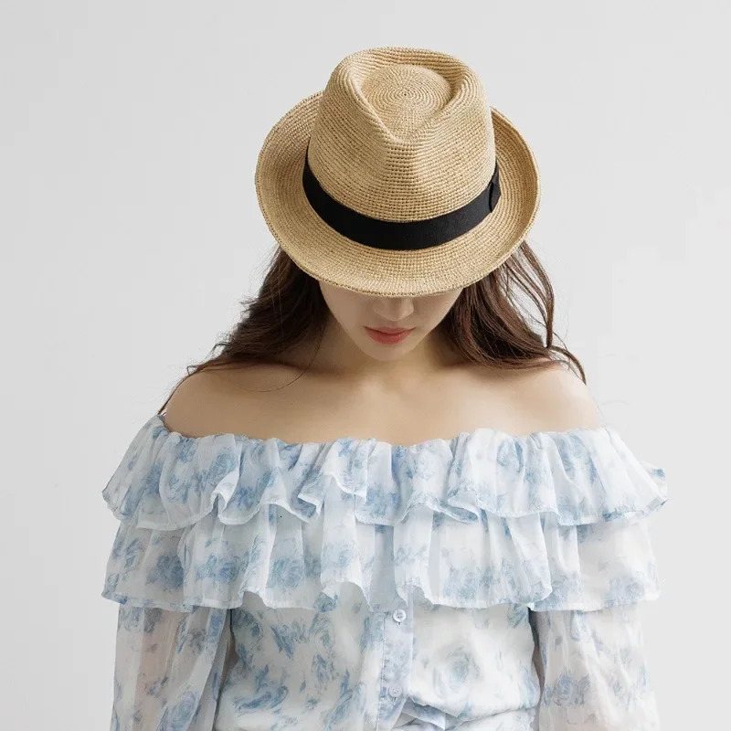 Big Size Summer Jazz Raffia Sun Hat for Man Women Hand Woven Natural Panama Straw Hat Outdoor Beach Vacation Casual Hat 250326