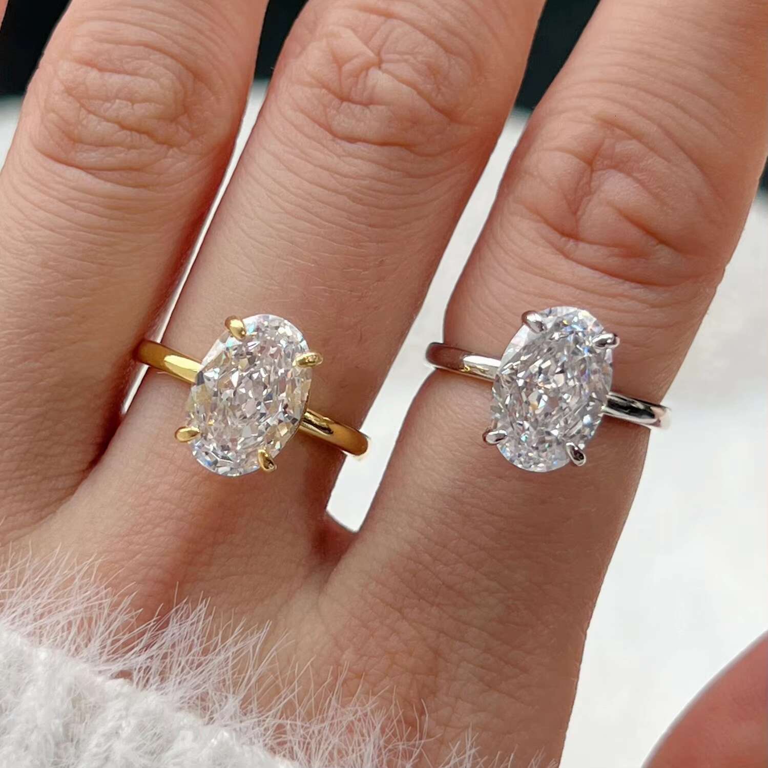 High Quality Wholesale 8x12mm Iced Cut 5A Zircon Jewelry Women 925 Silver Inlay Oval Cut Diamond Engagement Wedding Ring