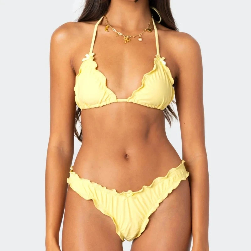 Yiiciovy Solid Color Bikini Sets Push Up Swimwear Womens Lettuce Trim Halter Bandage Bathing Suit Outfits for Beach Pool 250324