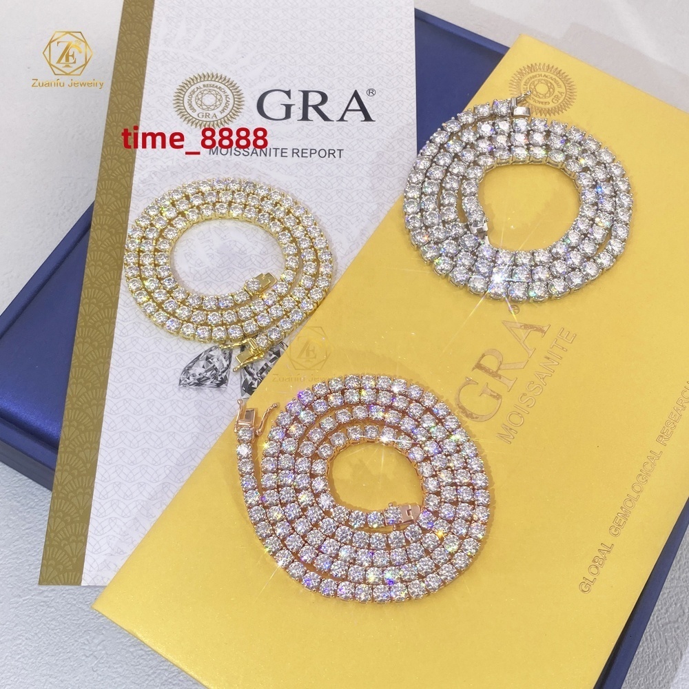 Factory Wholesale Moissanite Jewelry 925 Silver Hip Hop Rock Diamond Chain 2mm 3mm 4mm 5mm 6.5mm VVS Moissanite Tennis Necklace