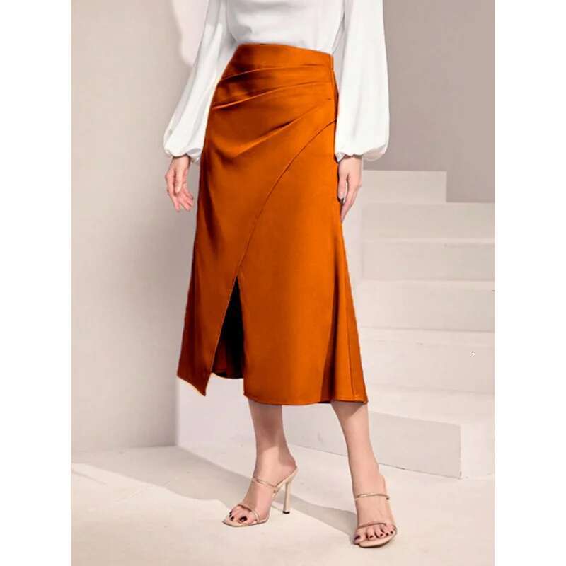 Dongdumaoyi Dames Hoge Taille Satijnen Geplooide Lange Rok Met Split Effen Kleur Midi Ritssluiting Zeemeermin Kokerrok W