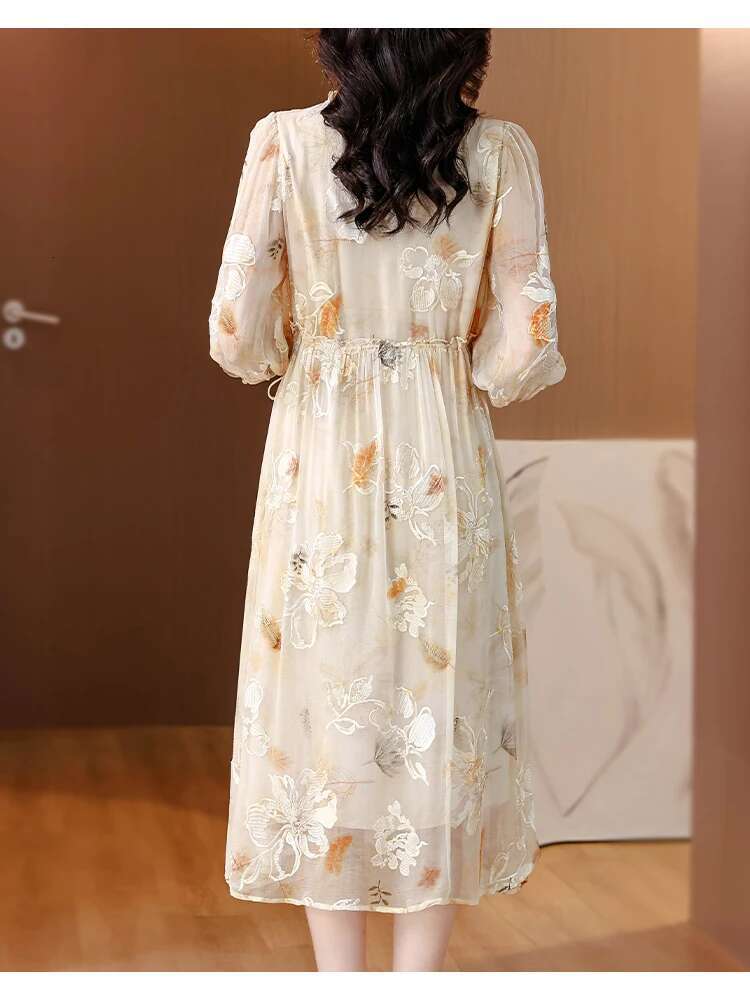 2024 Summer High end Mulberry V-neck Embroidered with Silk Charm Medium to Light A-e Long Dress