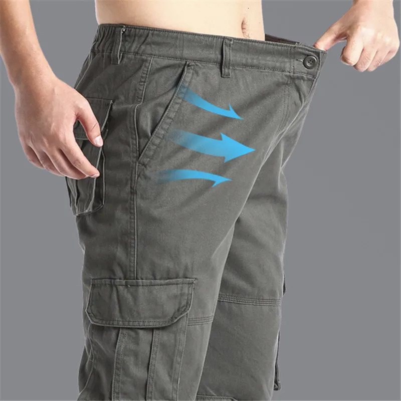 Large pocket loose mens outdoor sports jogging tactical pants elastic waist pure cotton casual work 250326