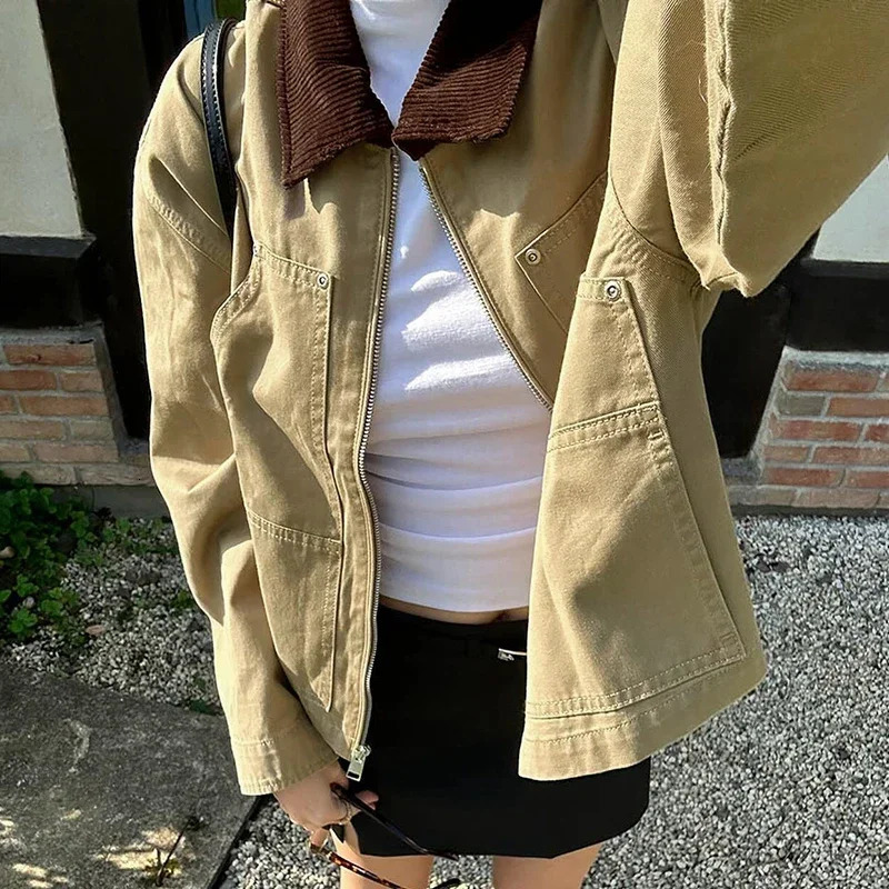Vintage large pocket cargo jacket for women Contrast colored lapel zipper cardigan loose fitting streetwear fashionable casual jacket 250321