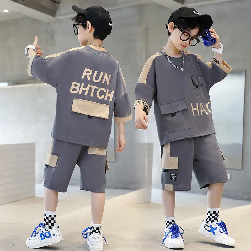 Summer Teenage Boy Short Sleeve Clothes Set Children Letter Print Top and Bottom 2 Pieces Suit Kid T-shirts Shorts Tracksuit 250326