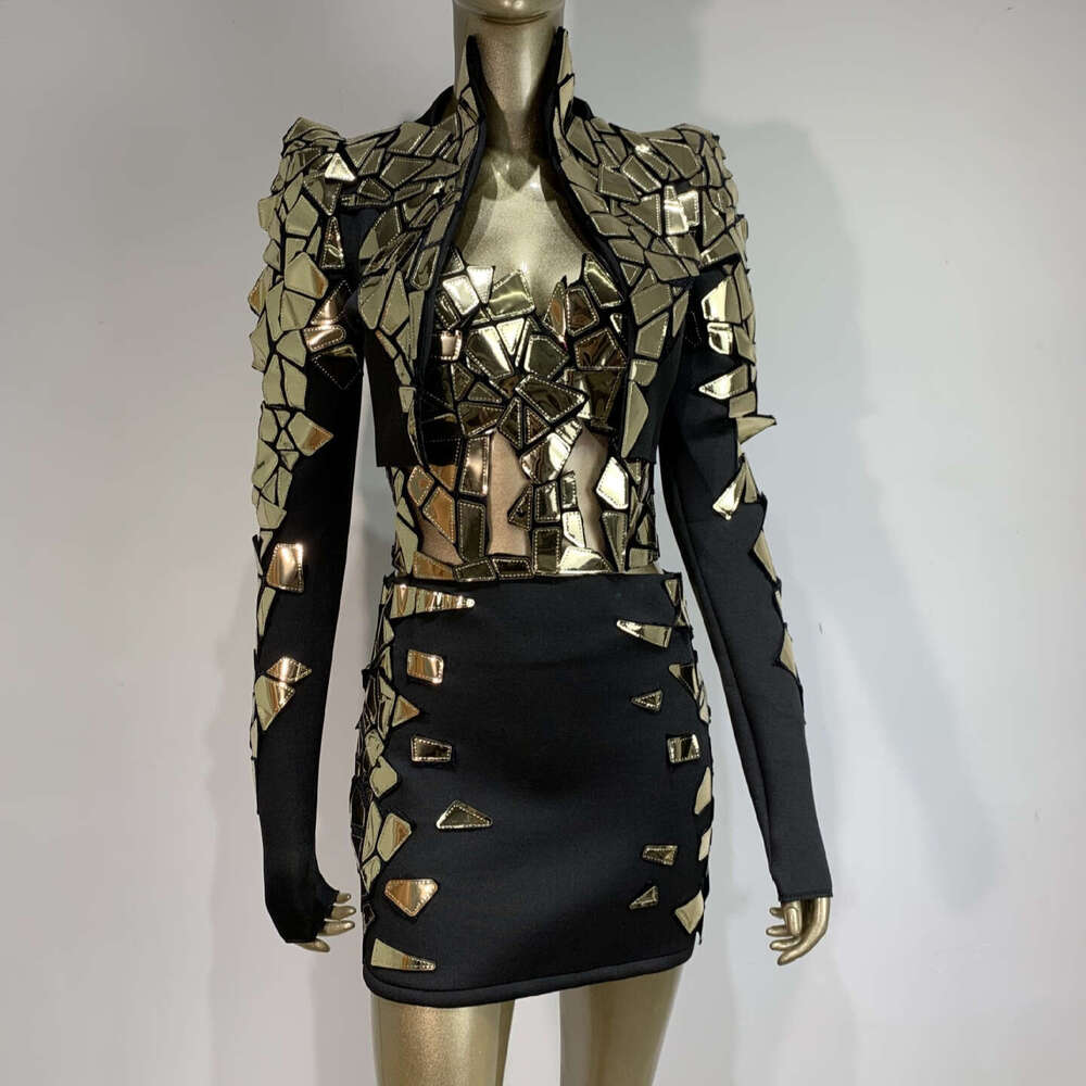 Sexy Shiny Gold Imitation Lens Mini Skirt Set Y2k Bar Party Female Singer Nightclub Performance Outfit